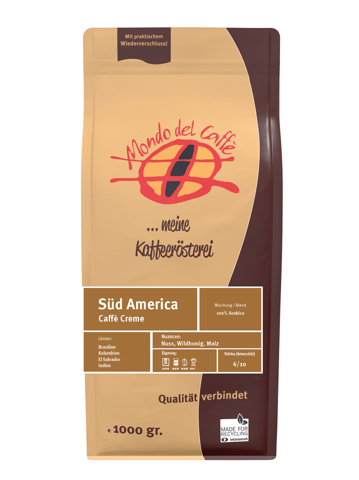 Mondo Süd America Kaffee 100% Arabica 1 kg ganze Bohne