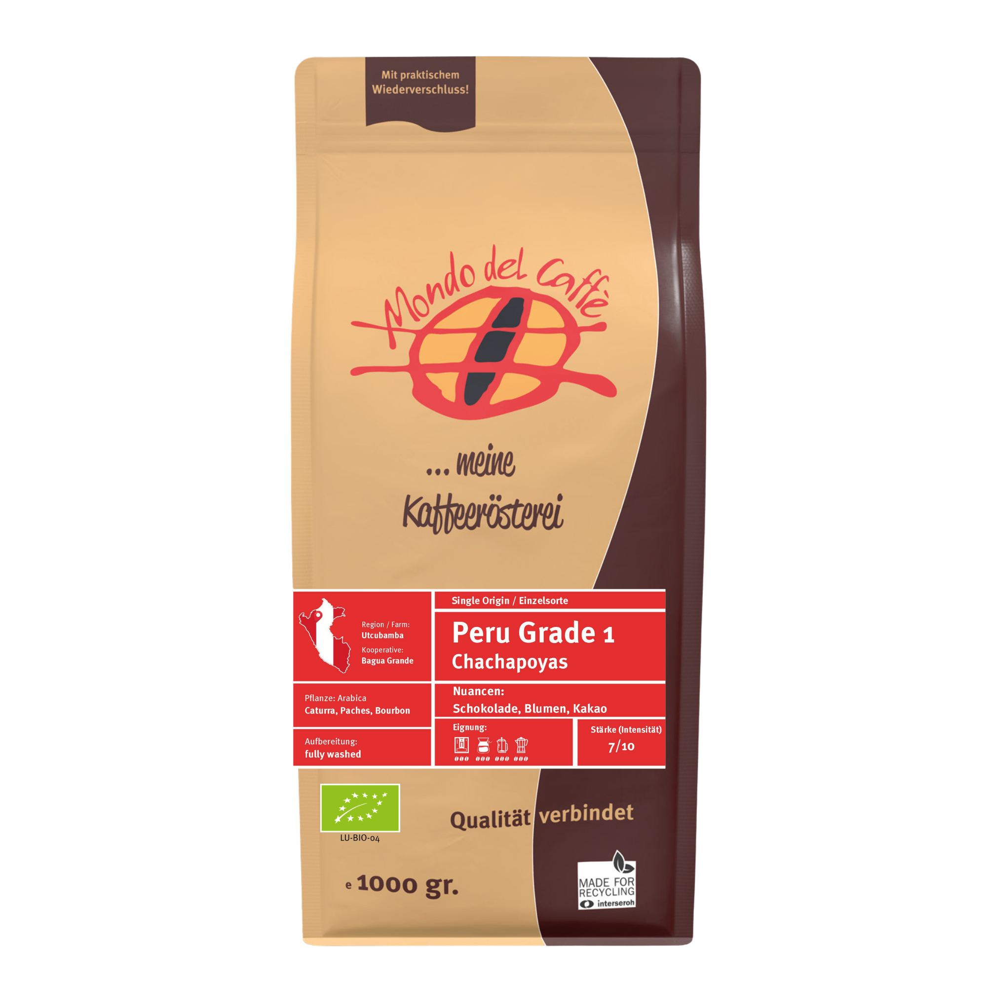 Mondo del Caffè Peru Bio Kaffee 1 kg ganze Bohne mild