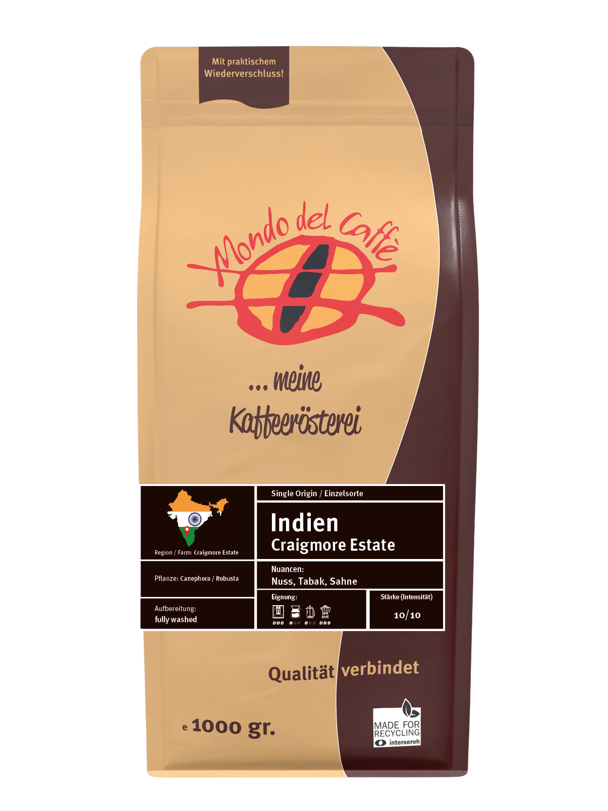 Mondo del Caffè Indien Röstkaffee 1 kg ganze Bohnen