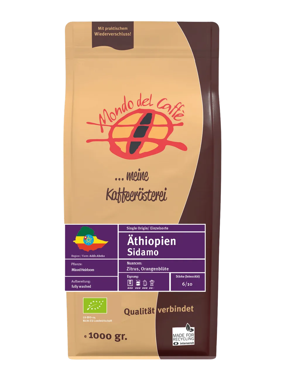 Äthiopien Bio Sidamo Kaffee ganze Bohne 350 gr.