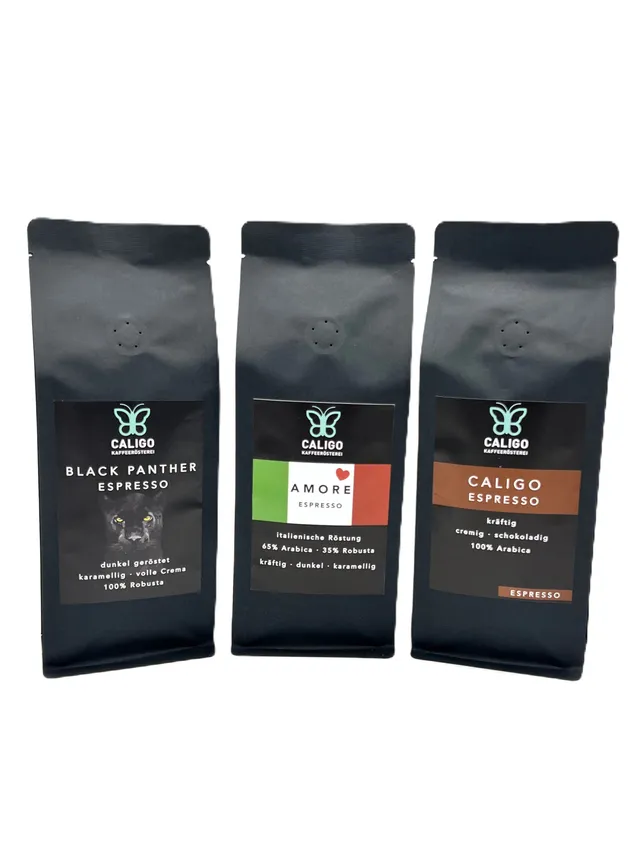Caligo Probier-Set Espresso Kaffee 3x250g Bohnen schokoladig