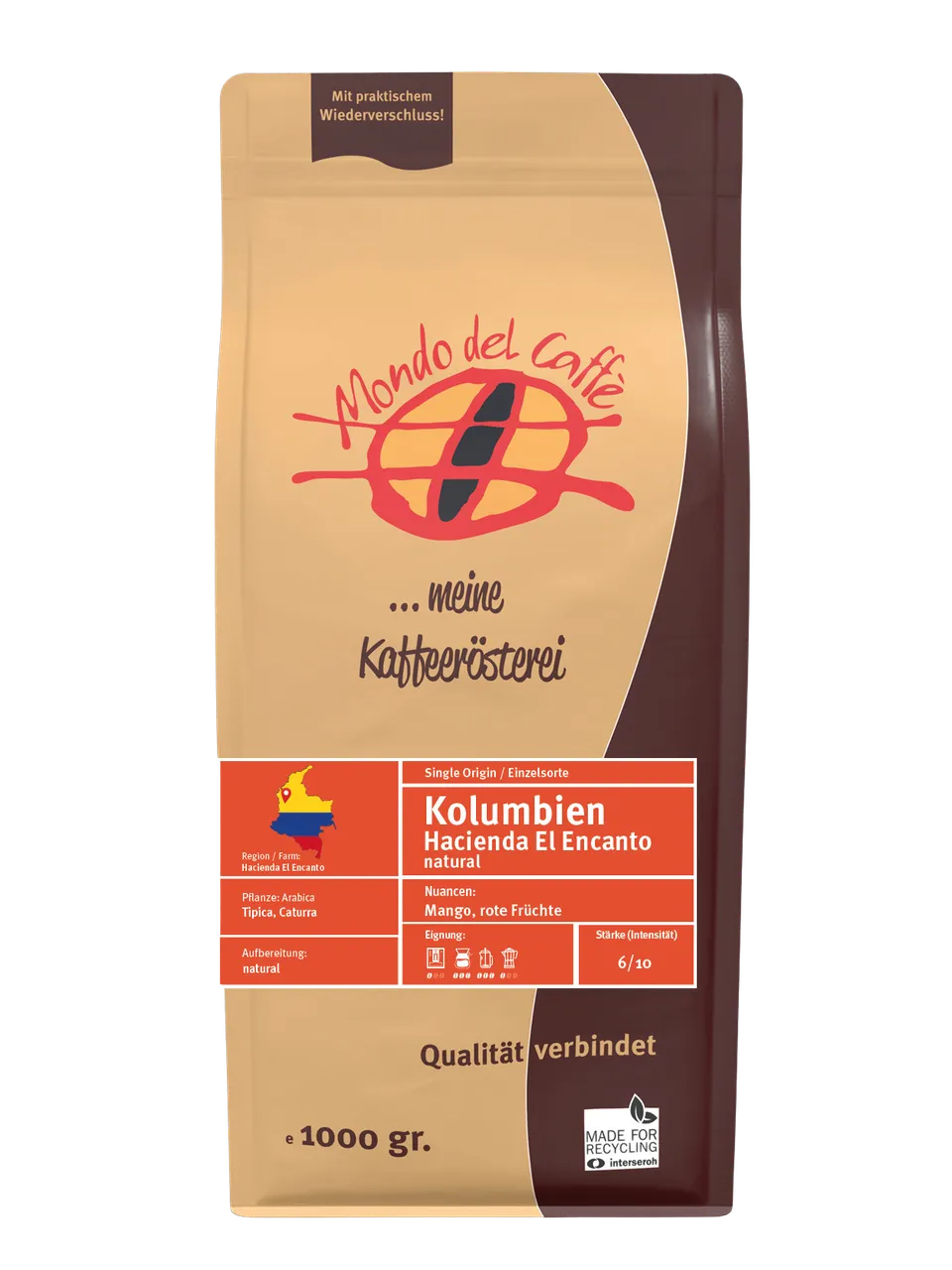Mondo del Caffè Kolumbien Kaffee ganze Bohnen 1 kg Single Origin