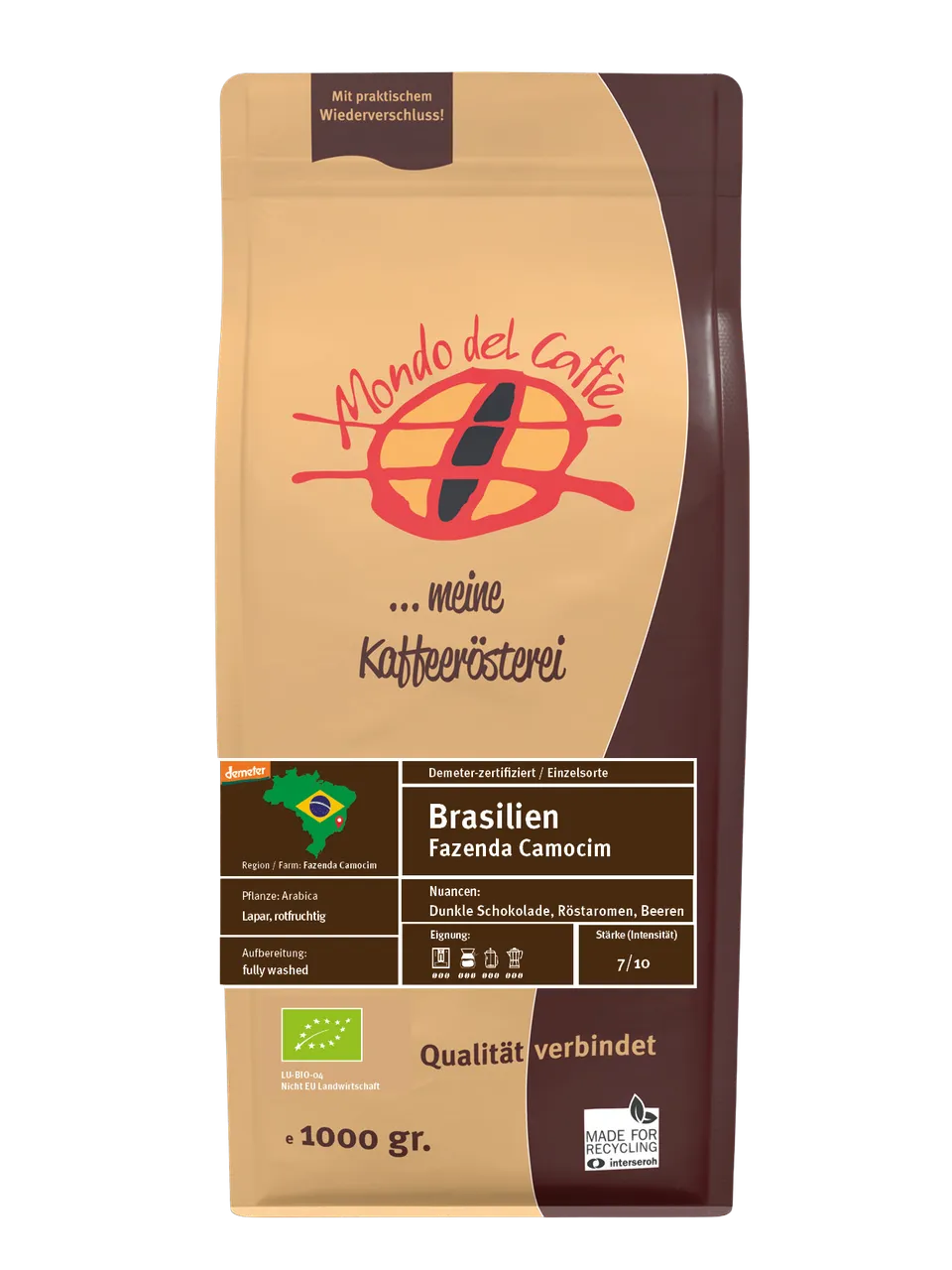 Mondo del Caffè Brasilien Demeter Kaffee 350 g ganze Bohnen