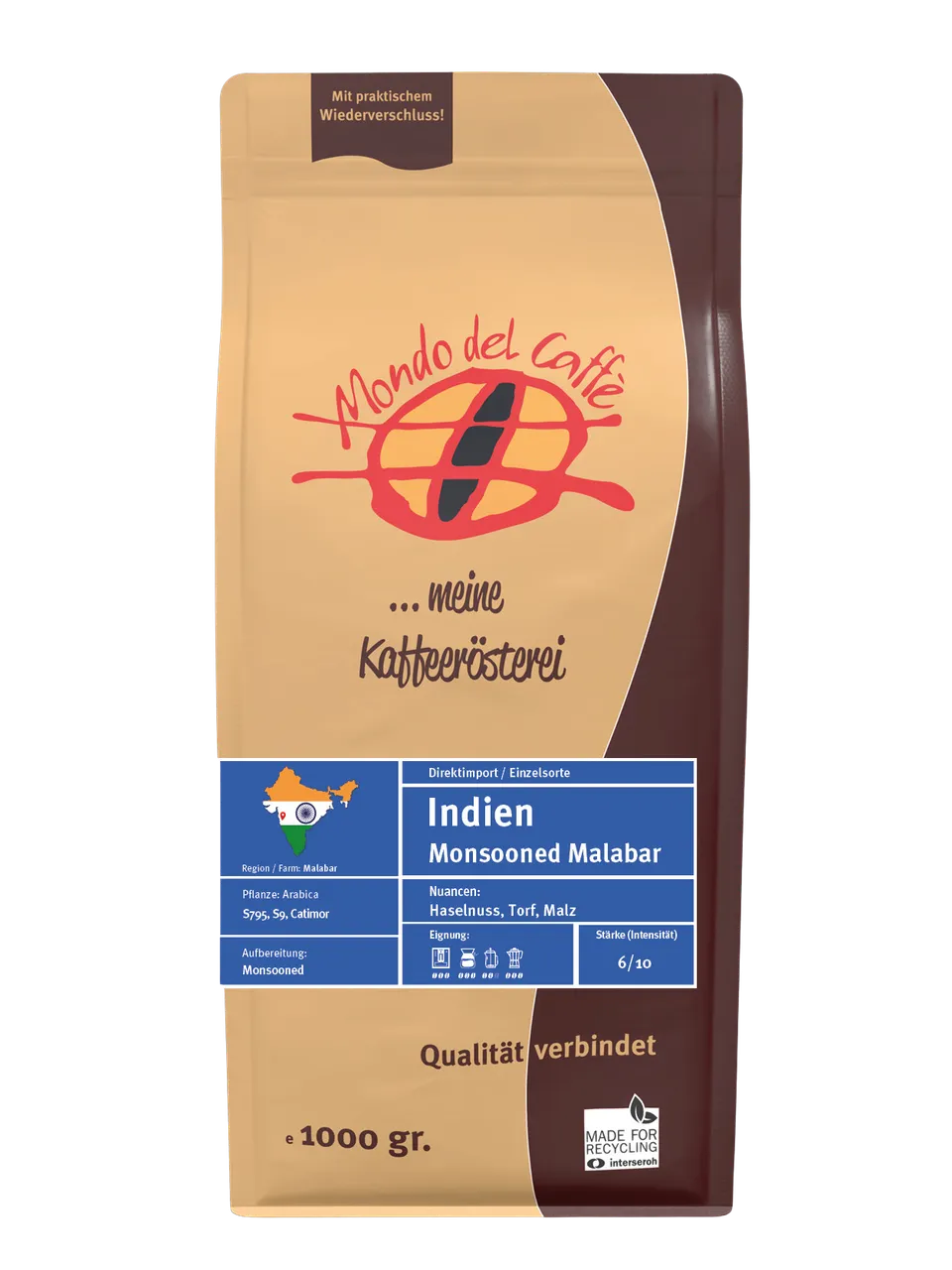 Mondo del Caffè Indien Kaffee 1 kg ganze Bohne