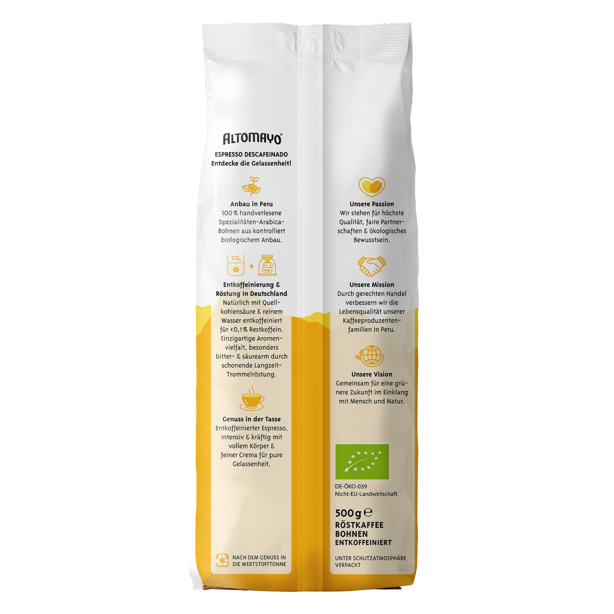 Altomayo Bio-Entkoffeiniert Espresso Bohnen 500g mild
