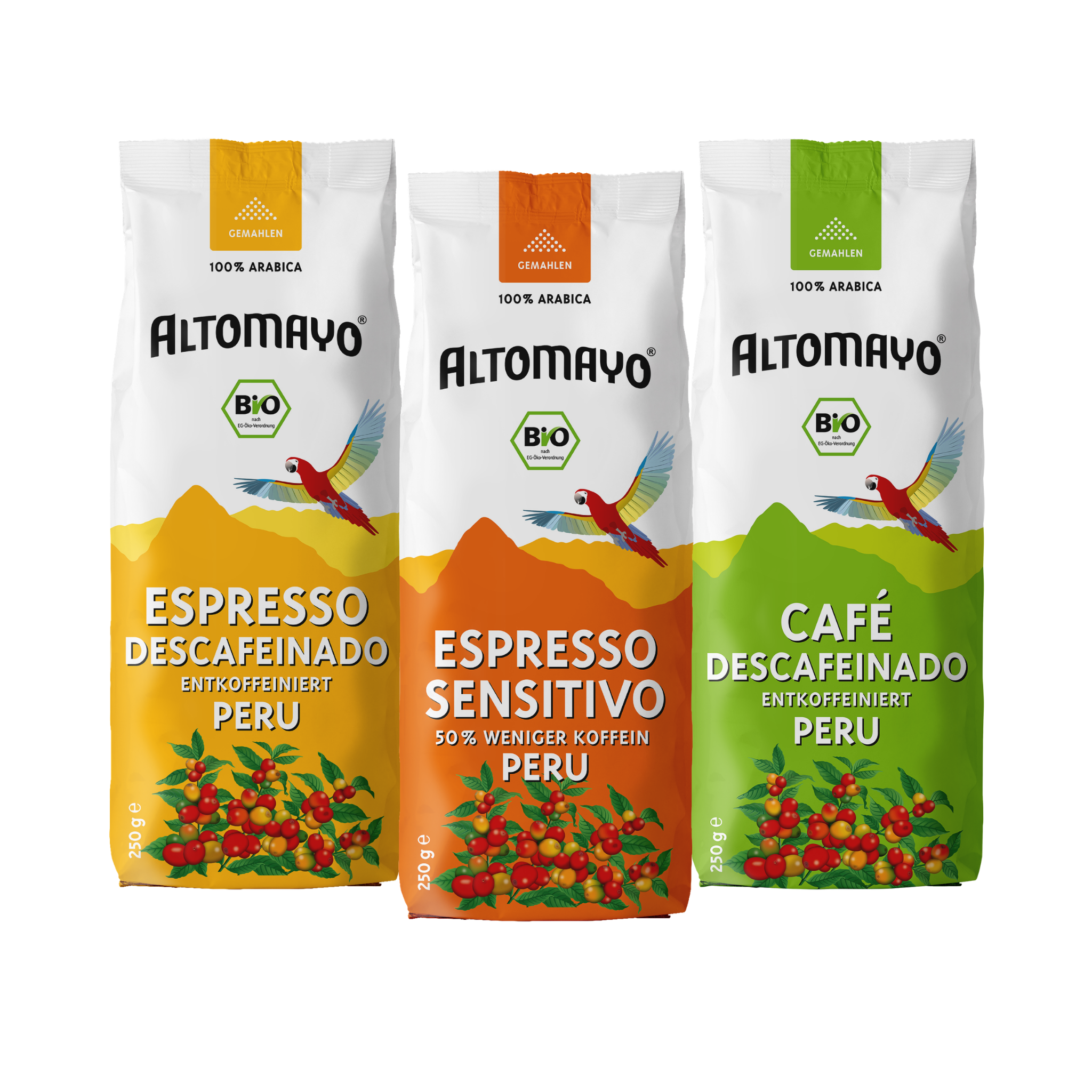 Altomayo Probierset entkoffeiniert gemahlen 3x250g Peru Bio