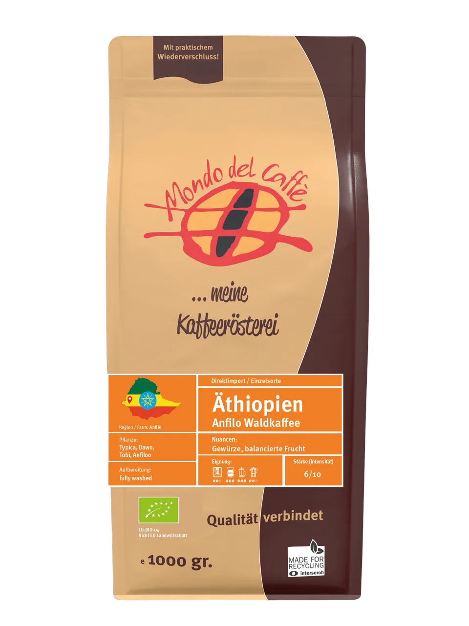 Mondo del Caffè Kaffees Äthiopien Bio Kaffee ganze Bohne 1 kg