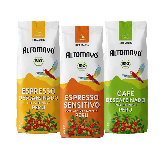 Altomayo Probierset entkoffeiniert gemahlen 3x250g Peru Bio