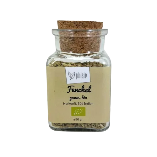 Feinkost Fenchelsamen ganz Bio Glasdose Kork Tee Brot