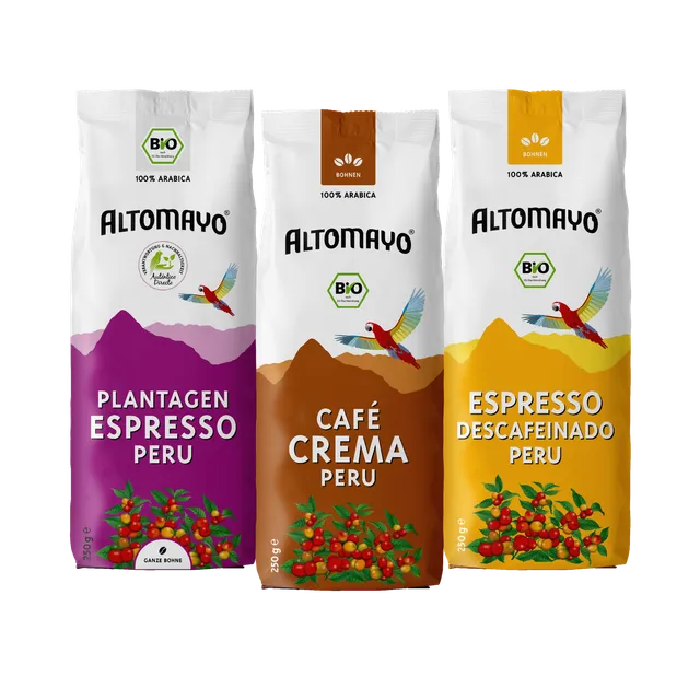 Altomayo Probierset Peru Kaffee und Espresso Bohnen 250 g Bio