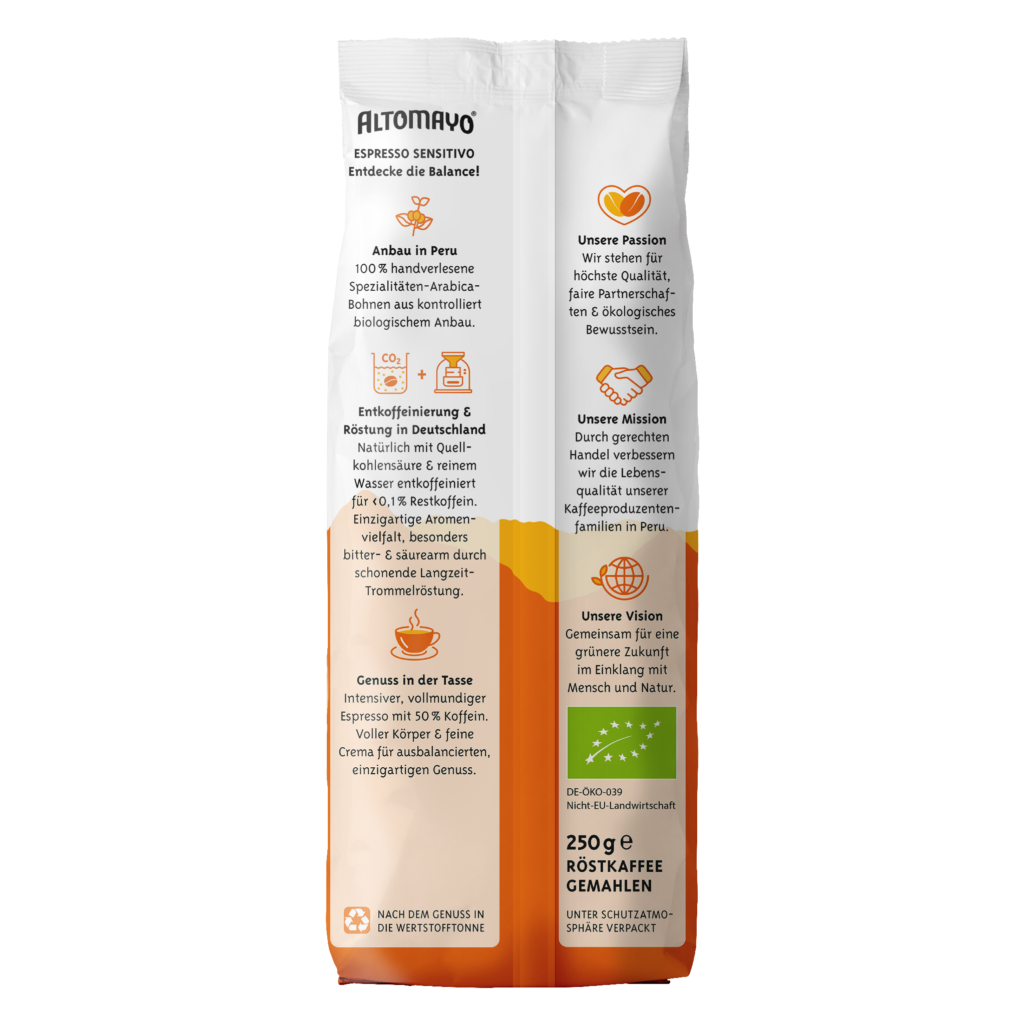 Altomayo Bio-Entkoffeiniert Sensitivo Espresso gemahlen 250 g