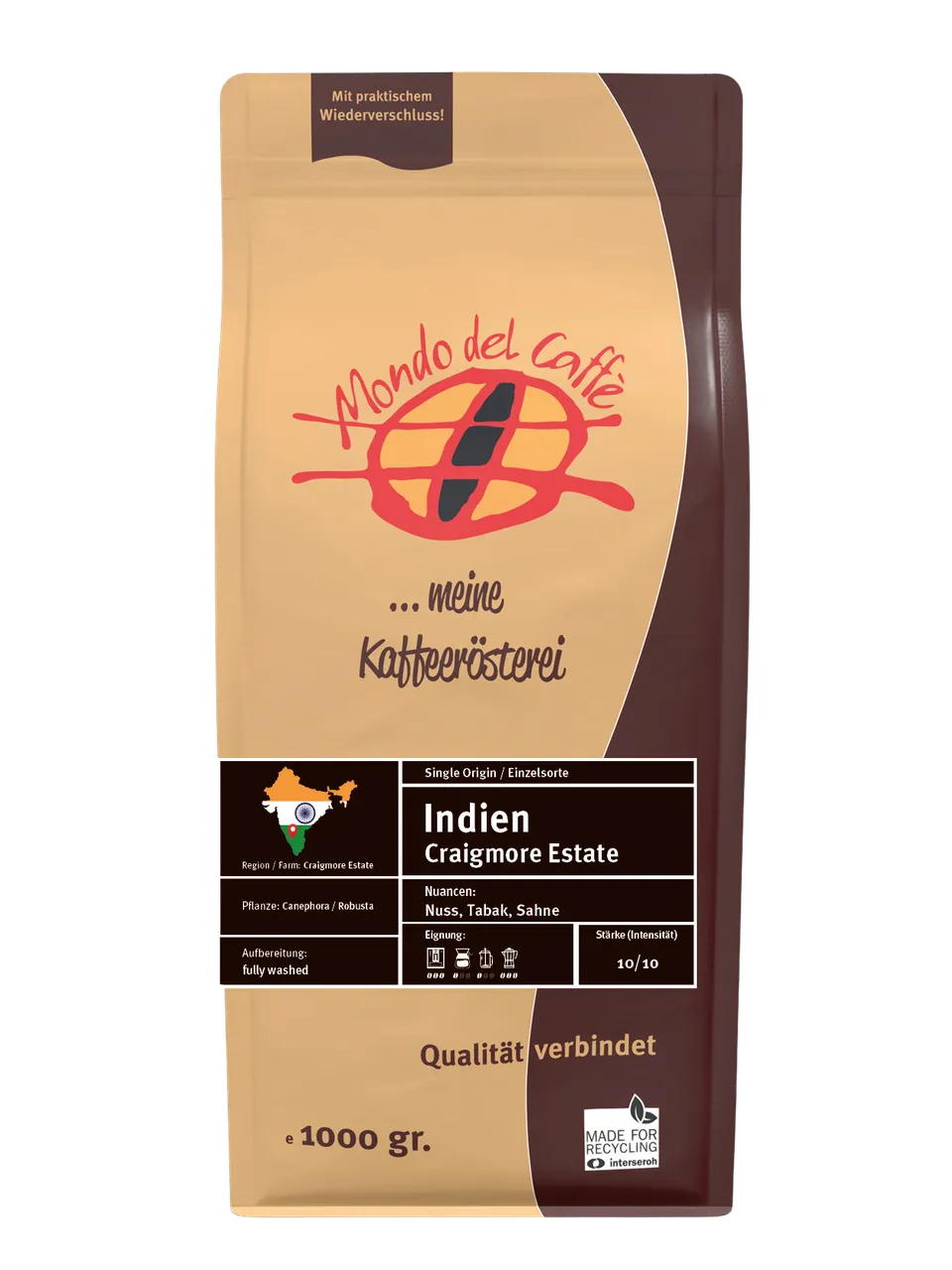 Mondo del Caffè Indien Röstkaffee 1 kg ganze Bohnen