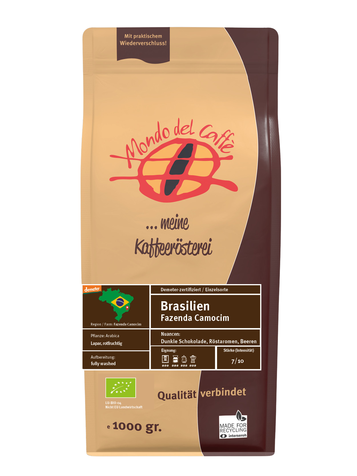 Mondo del Caffè Brasilien Demeter Kaffee 350 g ganze Bohnen