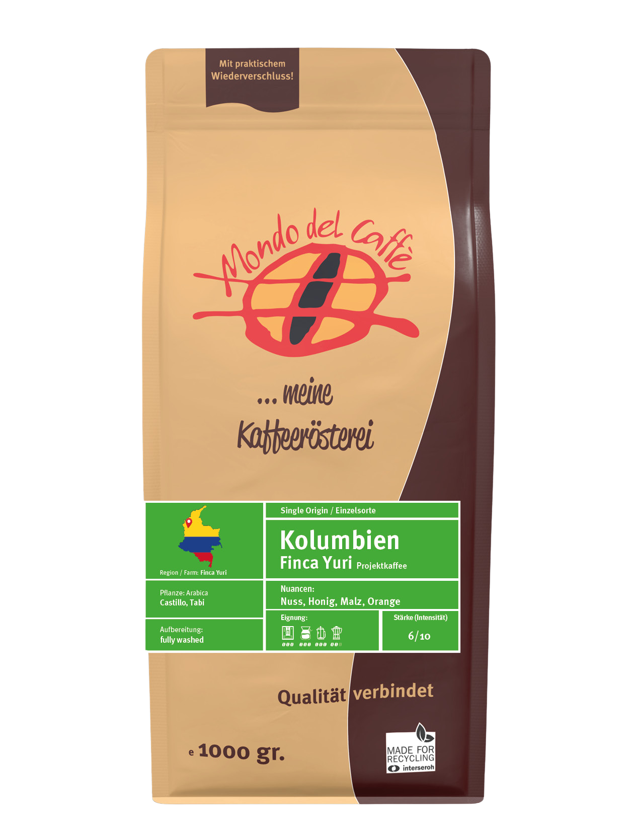 Mondo del Caffè Kaffees Kolumbien Kaffee ganze Bohne 1 kg Finca Yuri