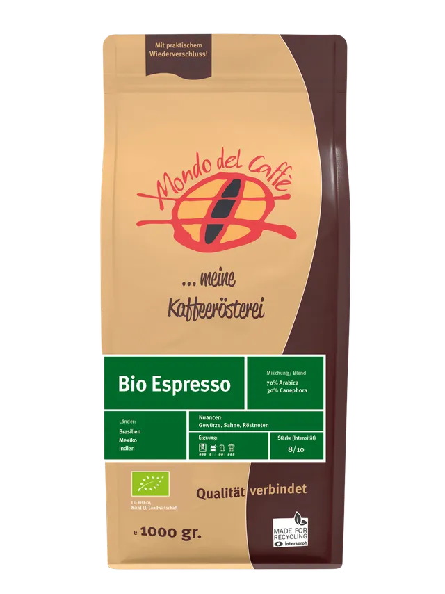 Mondo del Caffè Espresso Bio Espresso 1 kg ganze Bohne 70/30