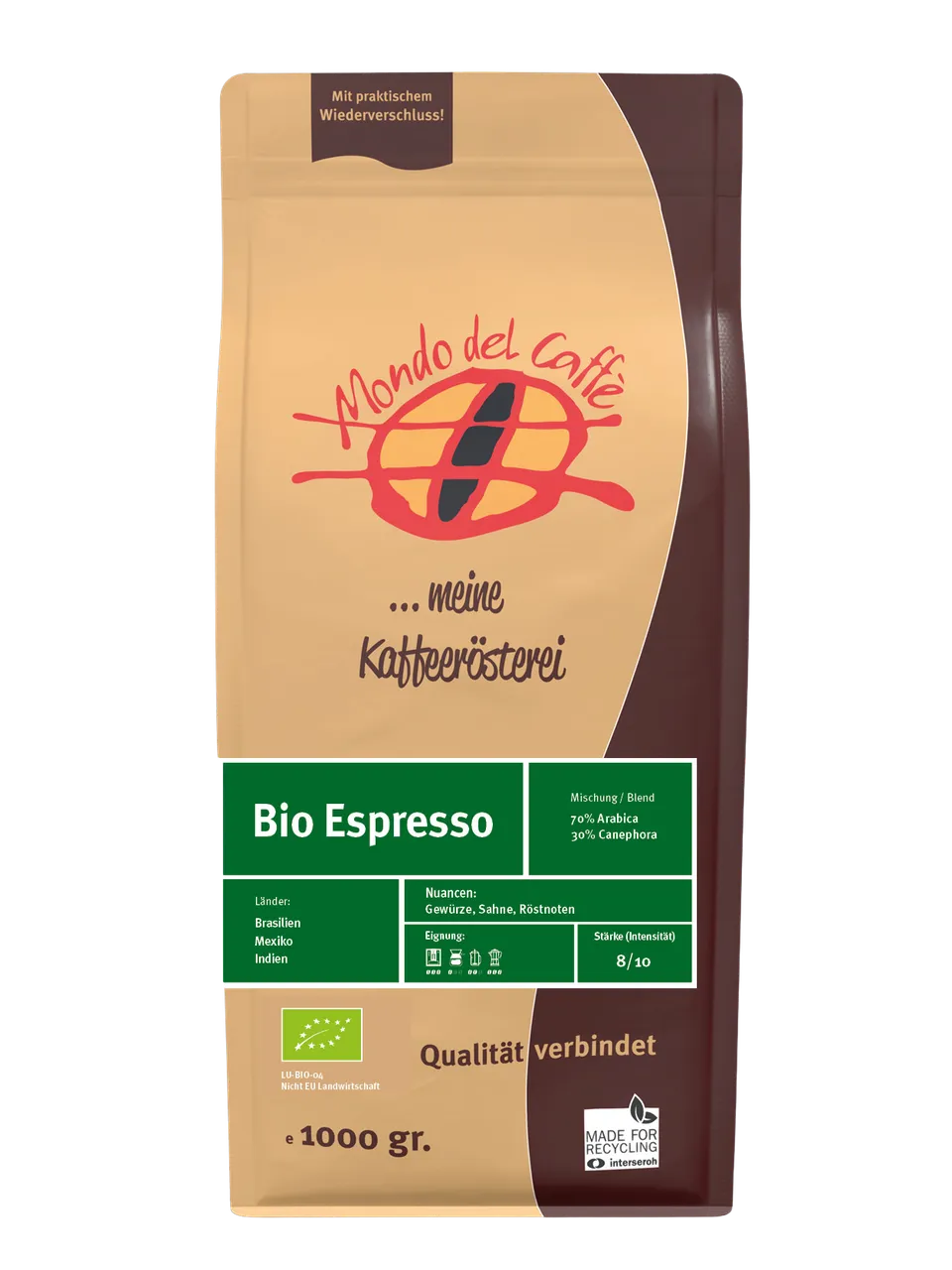 Mondo del Caffè Espresso Bio Espresso 1 kg ganze Bohne 70/30