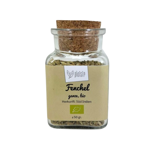 Feinkost Fenchelsamen ganz Bio Glasdose Kork Tee Brot