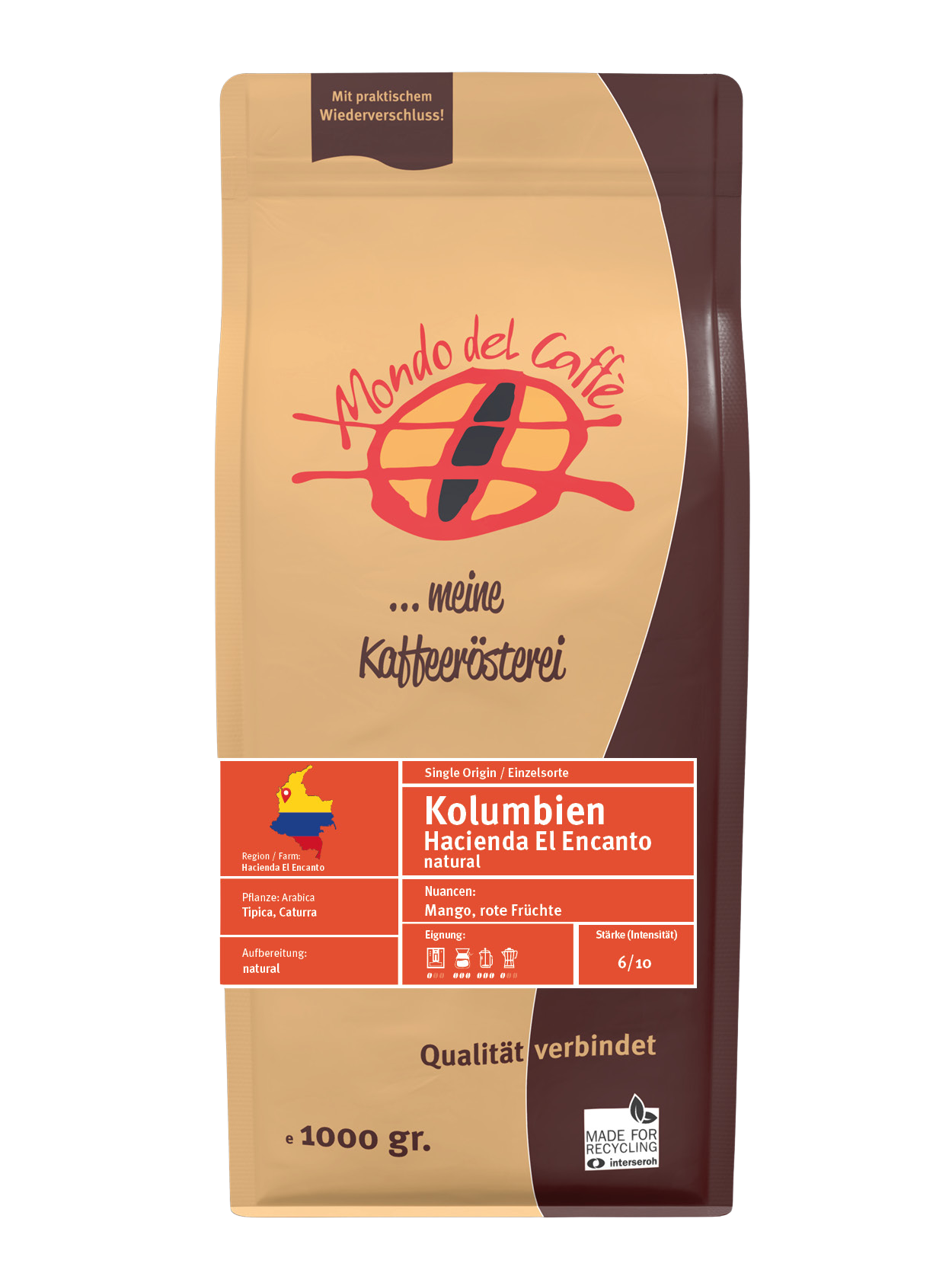 Mondo del Caffè Kolumbien Kaffee ganze Bohnen 1 kg Single Origin
