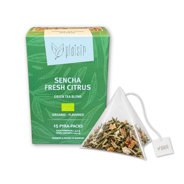 Plaisir Bio Sencha frische Zitrus Tee 15 Pyra Packs