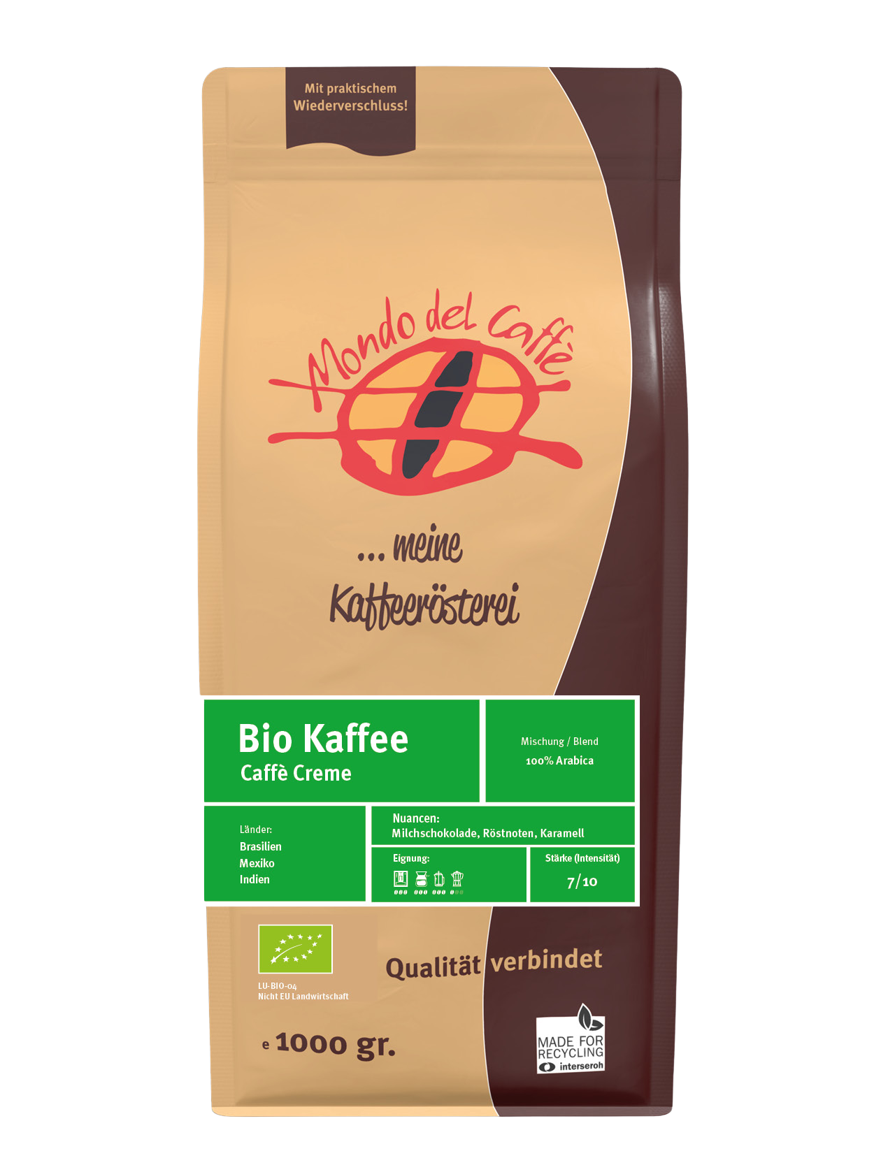 Mondo del Caffè Bio Caffè Creme Kaffeebohnen 1 kg ganze Bohne