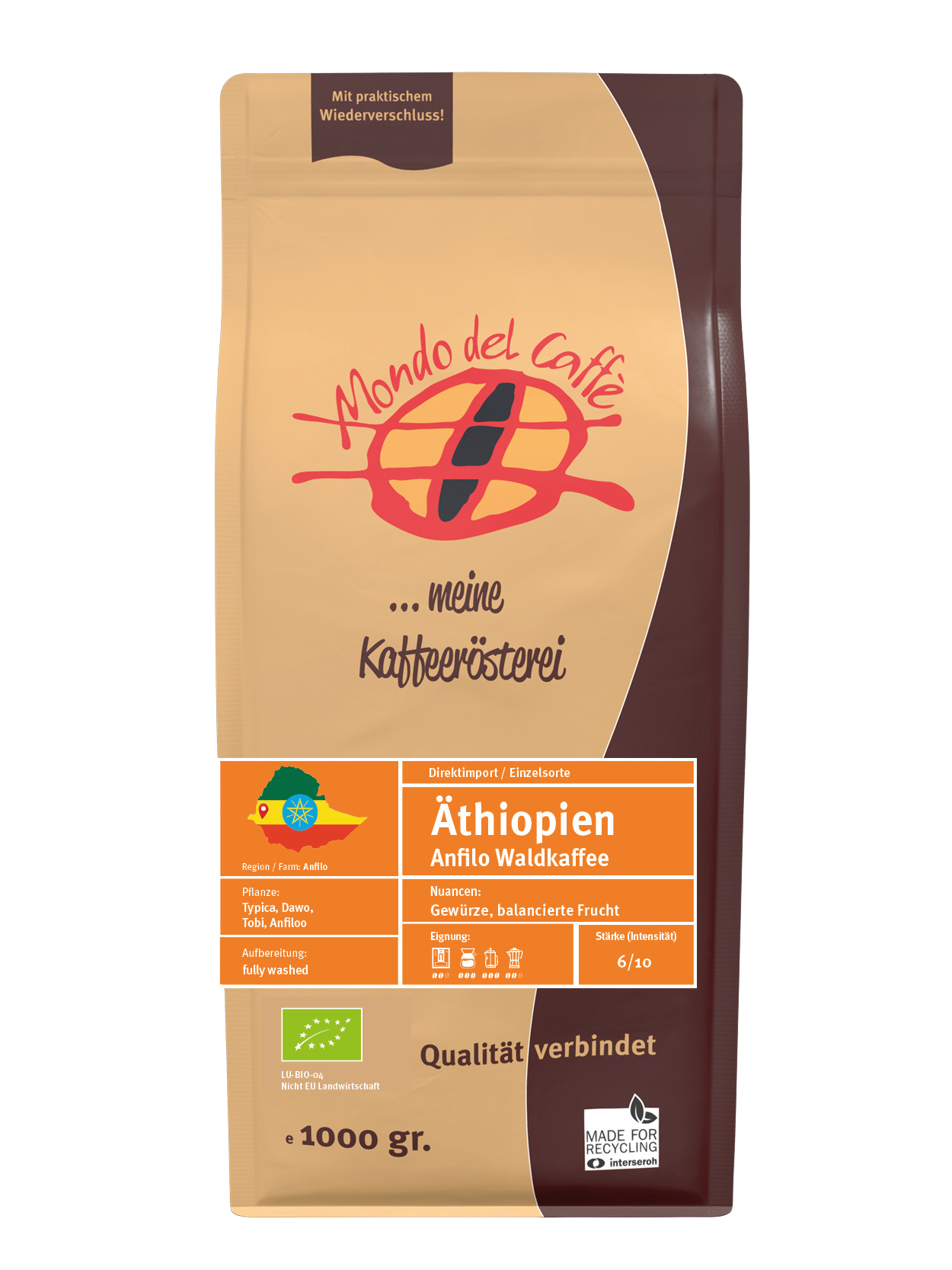 Mondo del Caffè Kaffees Äthiopien Bio Kaffee ganze Bohne 1 kg