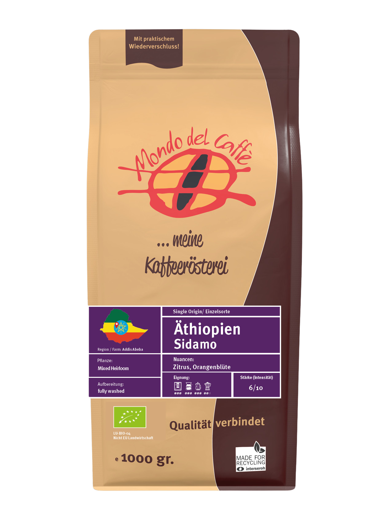 Äthiopien Bio Sidamo Kaffee ganze Bohne 350 gr.