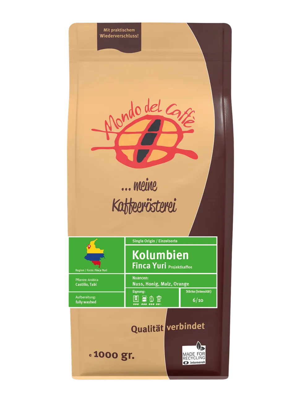 Mondo del Caffè Kaffees Kolumbien Kaffee ganze Bohne 1 kg Finca Yuri