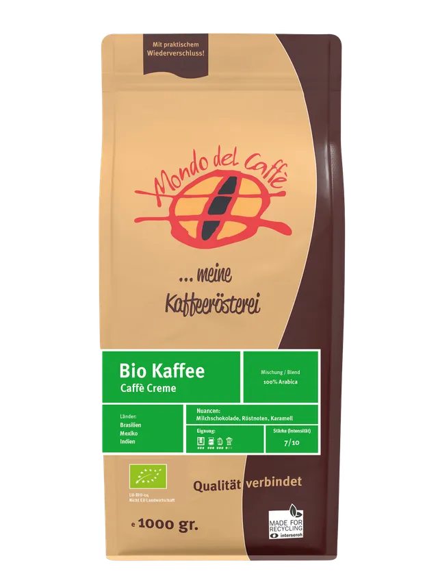 Mondo del Caffè Bio Caffè Creme Kaffeebohnen 1 kg ganze Bohne