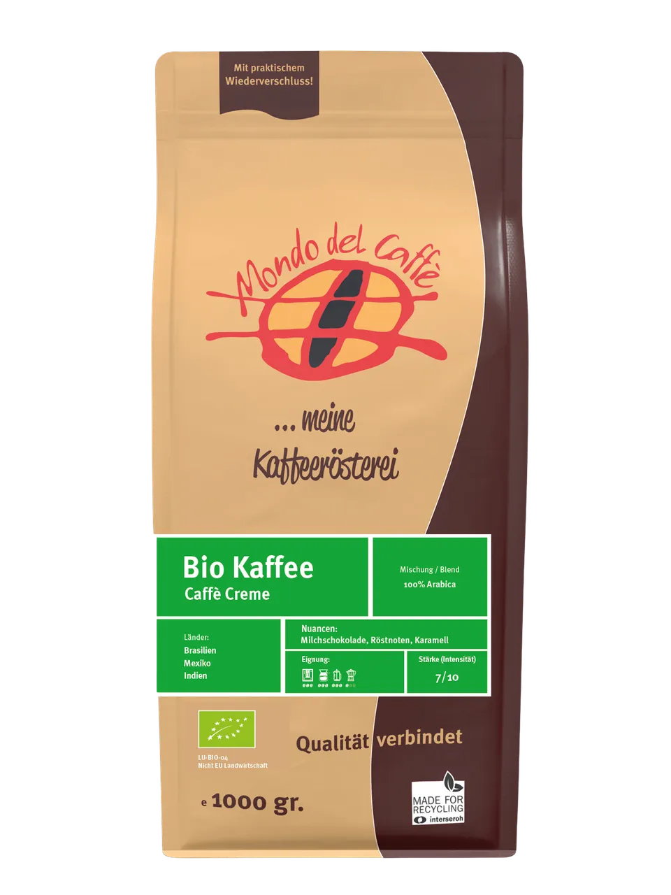 Mondo del Caffè Bio Caffè Creme Kaffeebohnen 1 kg ganze Bohne