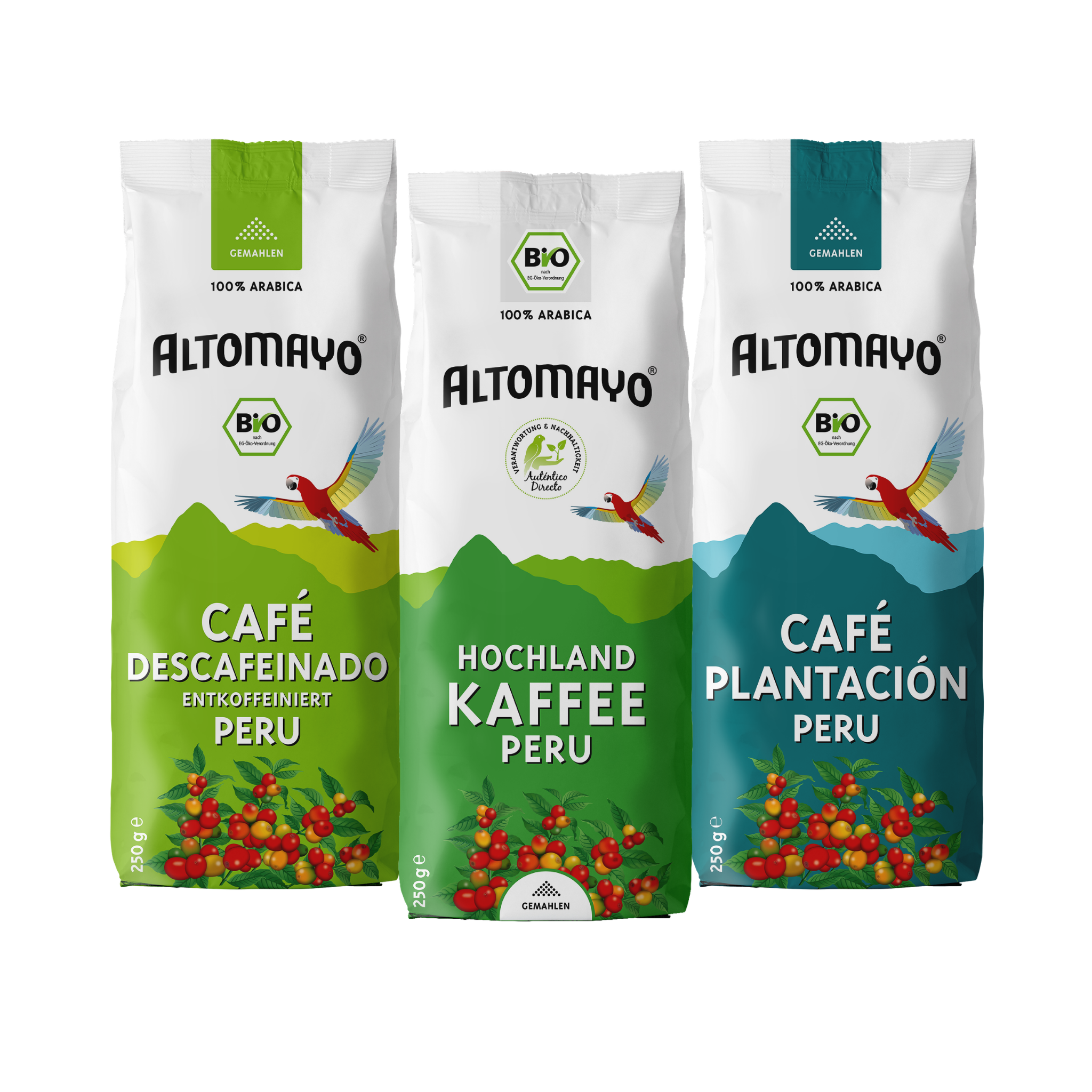 Altomayo Probierset Filterkaffee gemahlen 3x250g Peru Bio