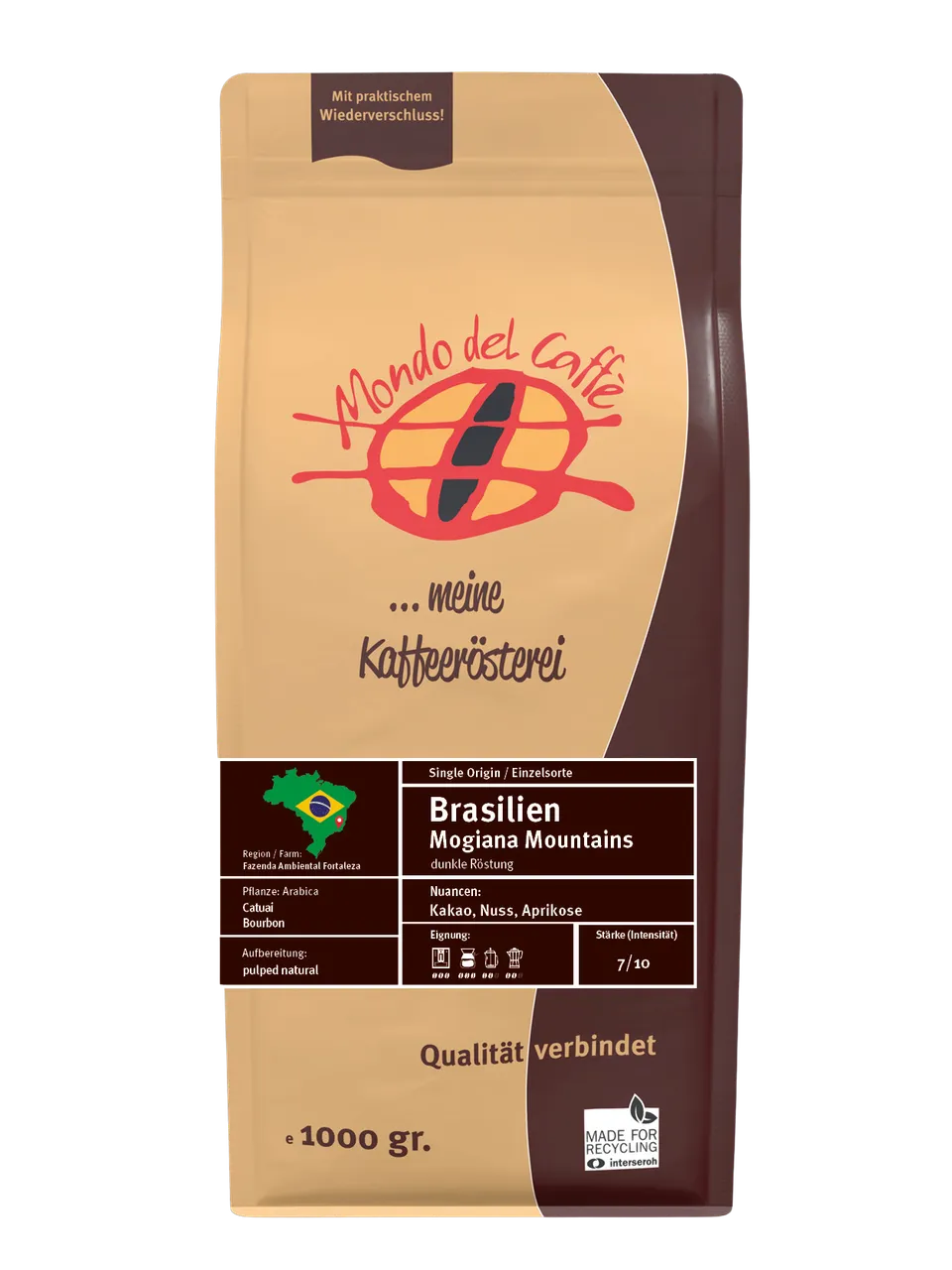 Mondo Brasilien Kaffee ganze Bohnen 1kg dunkle Röstung