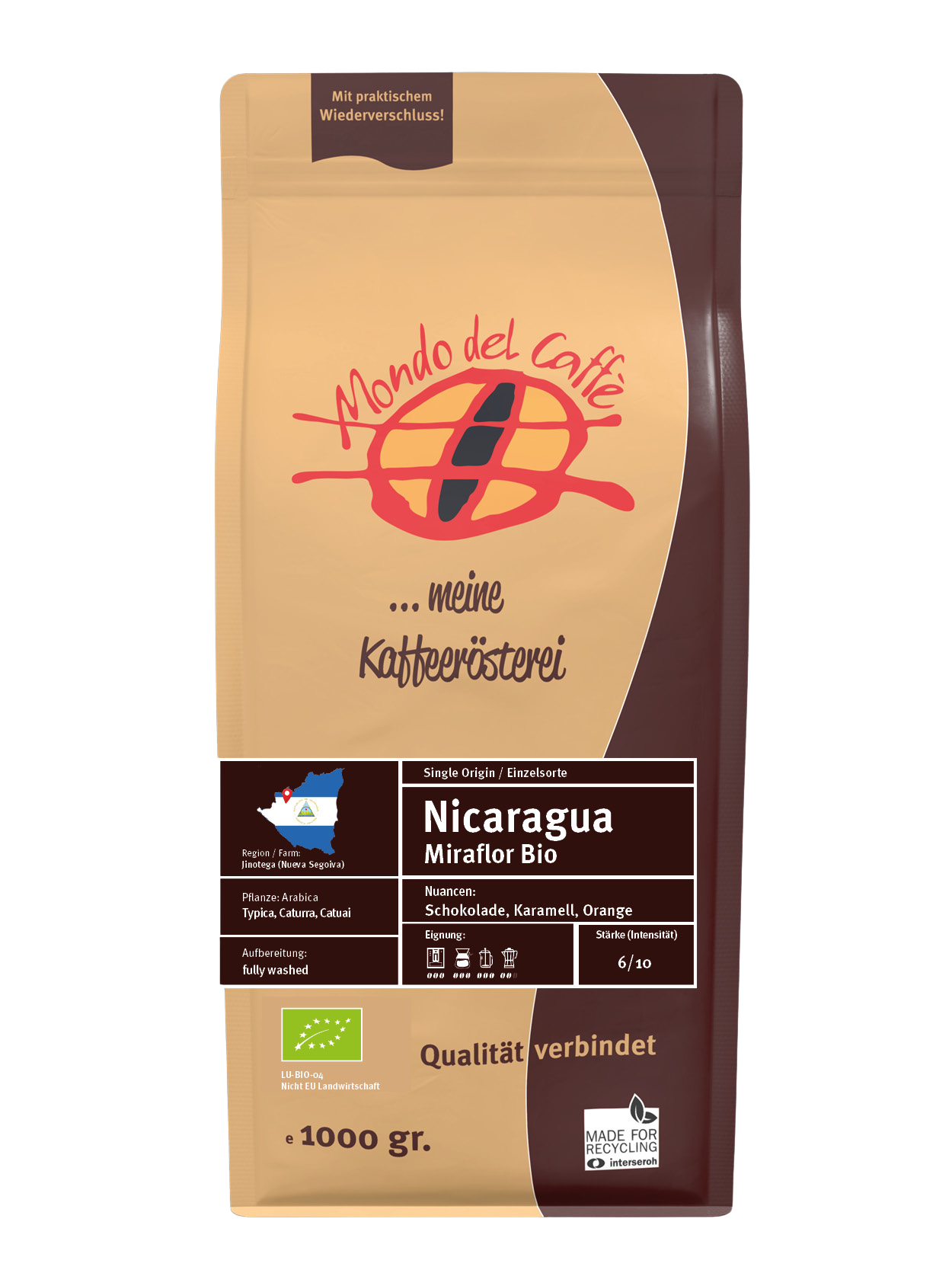 Mondo del Caffè Nicaragua Bio Kaffee ganze Bohne 1 kg Bio