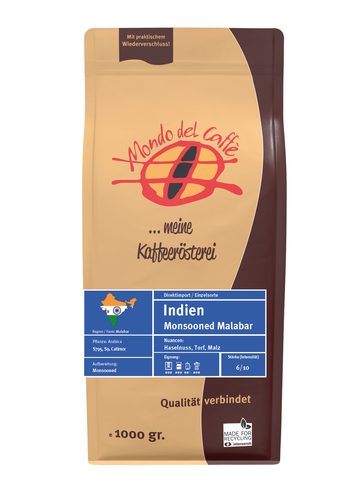 Mondo del Caffè Indien Kaffee 1 kg ganze Bohne