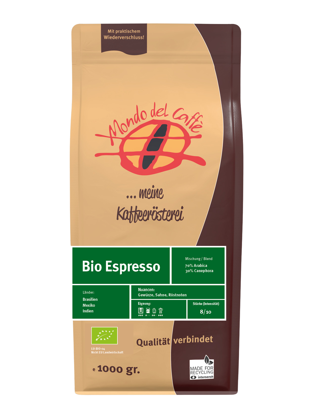 Mondo del Caffè Espresso Bio Espresso 1 kg ganze Bohne 70/30