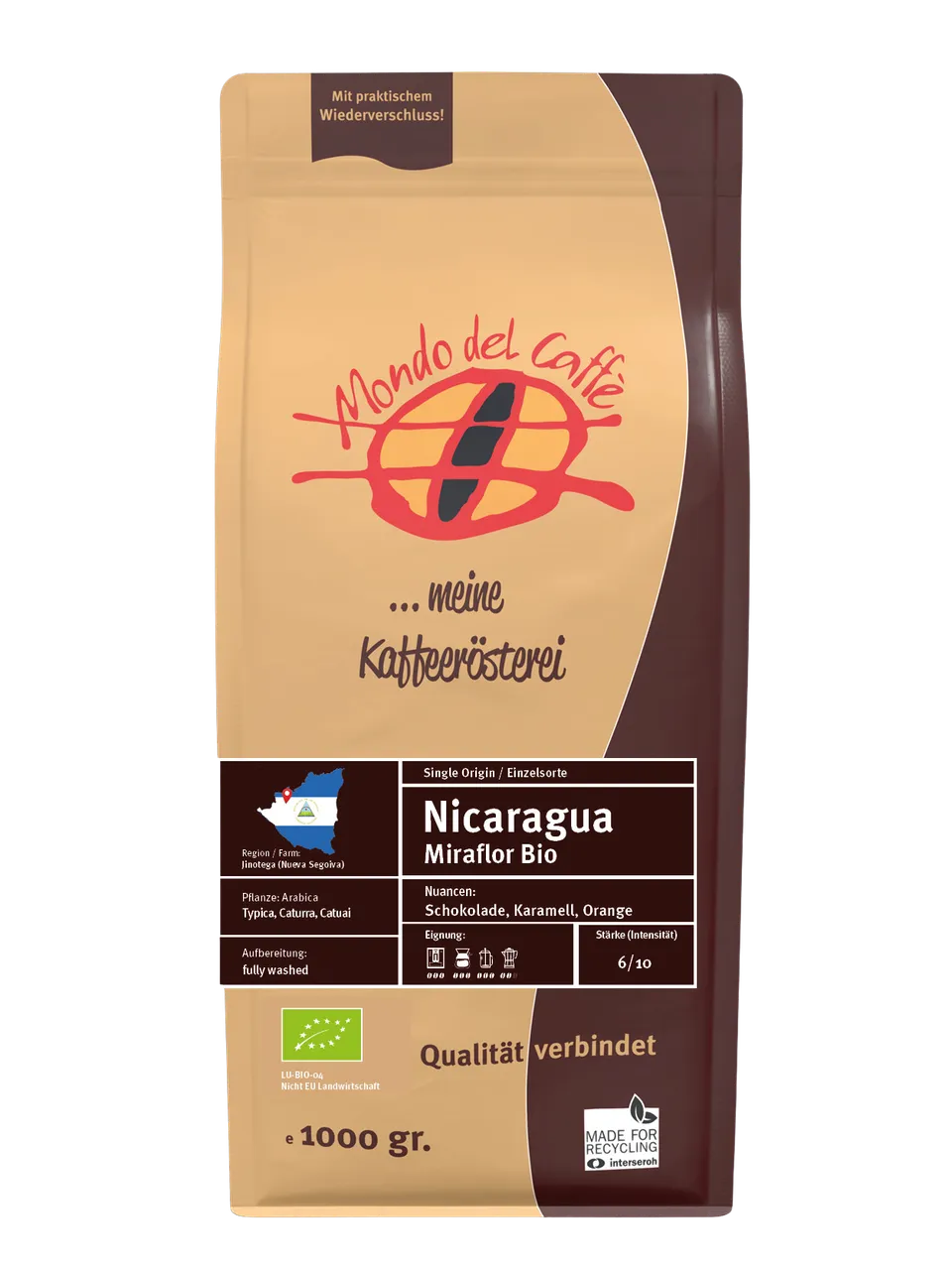 Mondo del Caffè Nicaragua Bio Kaffee ganze Bohne 1 kg Bio
