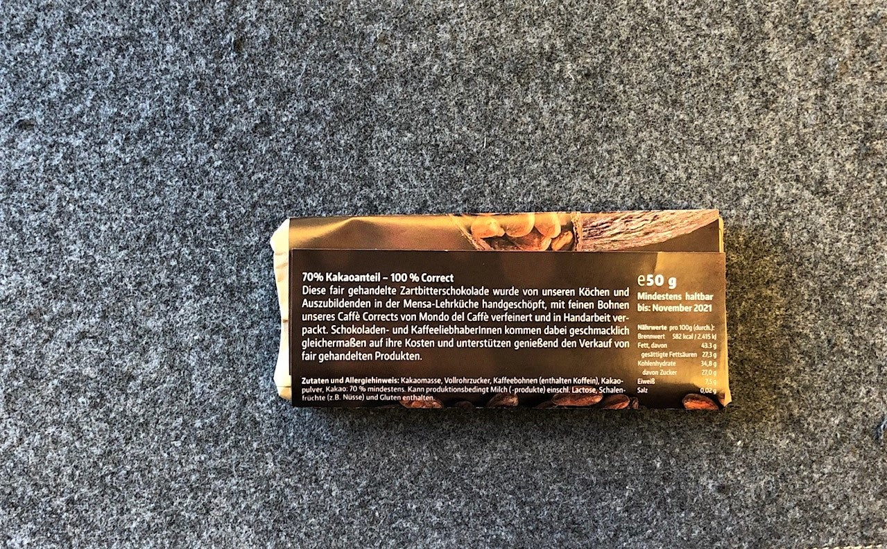 SchoCorrect Tafelschokolade Zartbitter 70% Kaffeebohnen