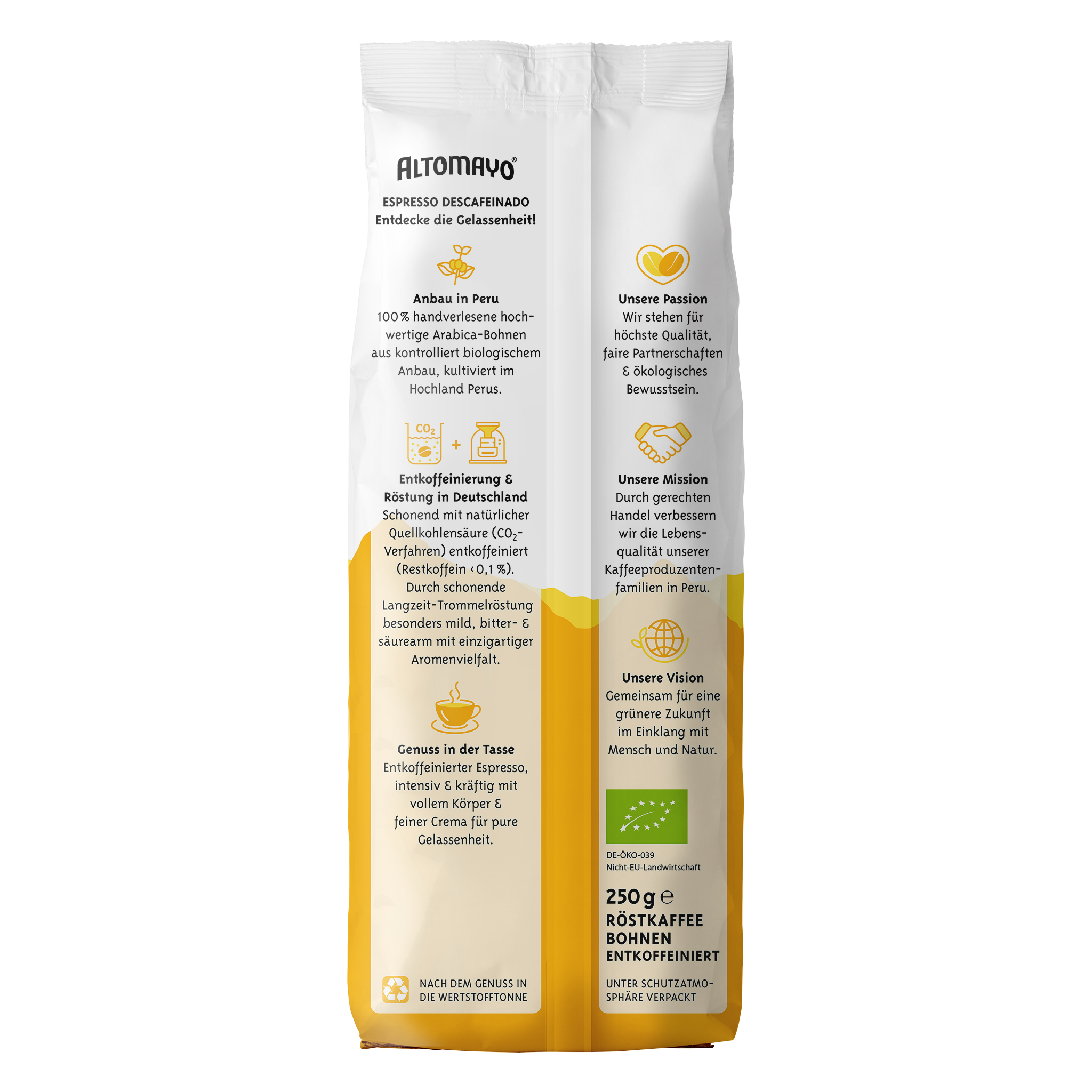 Altomayo Bio-Entkoffeiniert Espresso Bohnen 250g mild